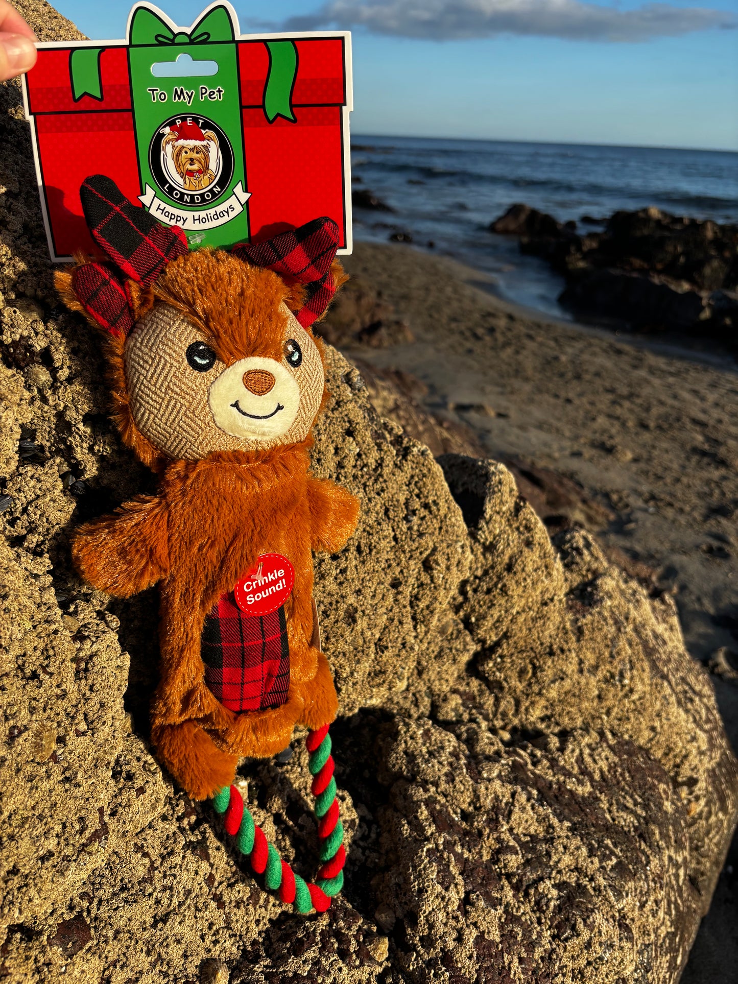 Crinkle Reindeer Tartan Tug Dog Toy