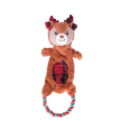 Reindeer Tartan Tug Rope, Squeaky & Crinkly Stuffing Free Dog Toy