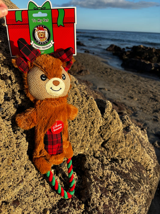 Crinkle Reindeer Tartan Tug Dog Toy