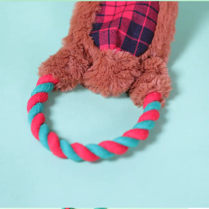 Reindeer Tartan Tug Rope, Squeaky & Crinkly Stuffing Free Dog Toy